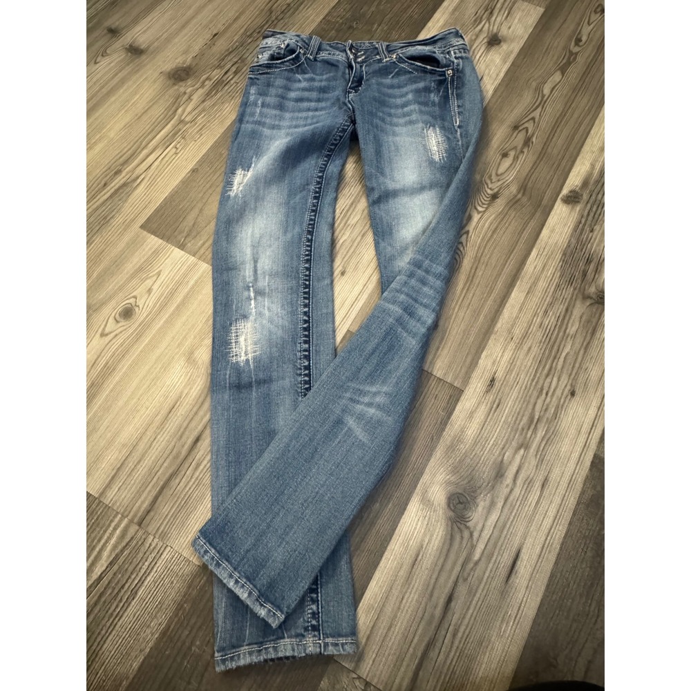 Miss Me JP5082SK Skinny Jeans Blue Distressed Angel Wing Rhinestone Womens 31
